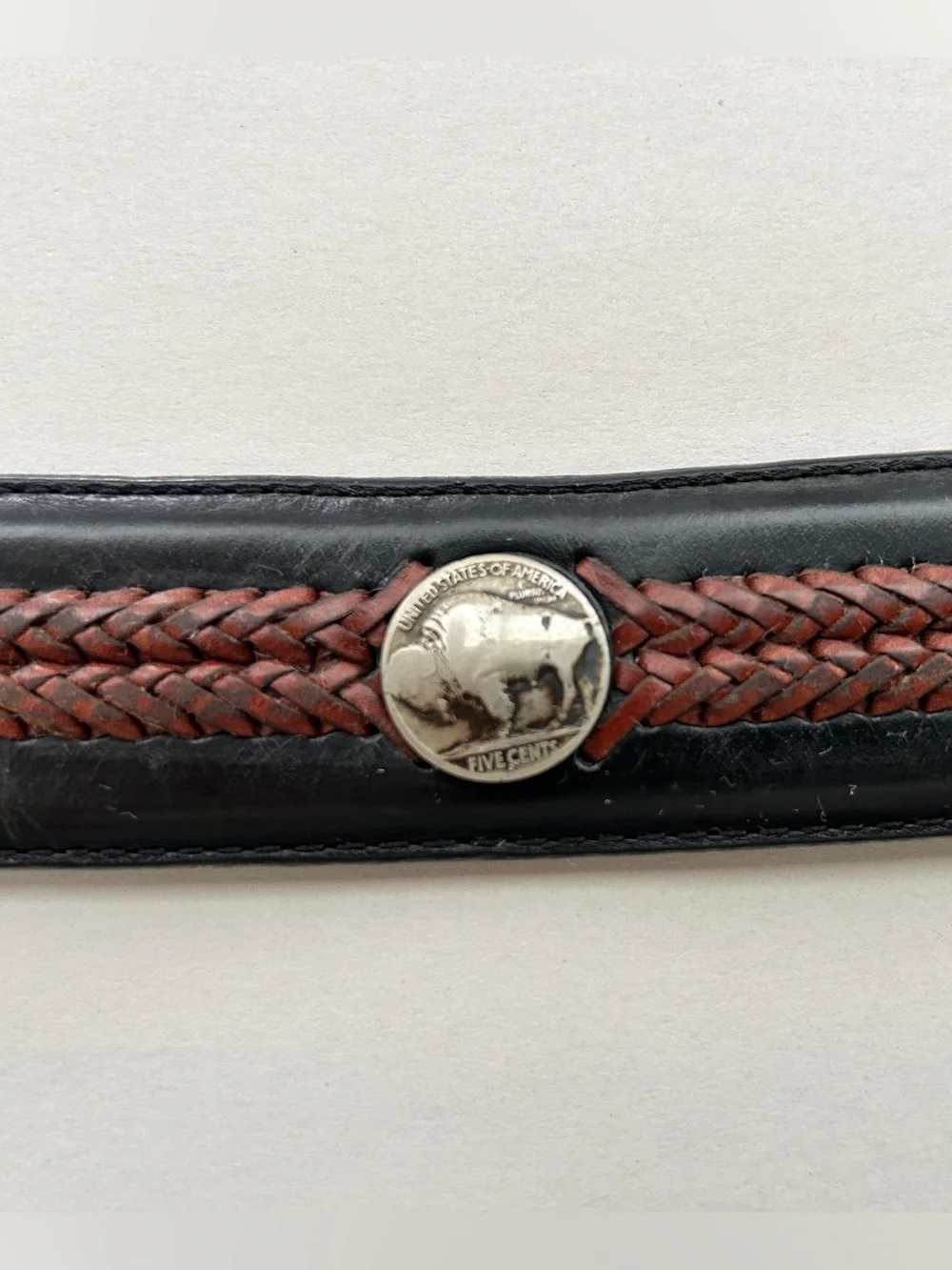 Justin Vintage Black Leather Brown Braided Inlay and Buffalo Nickel Coin Belt 40